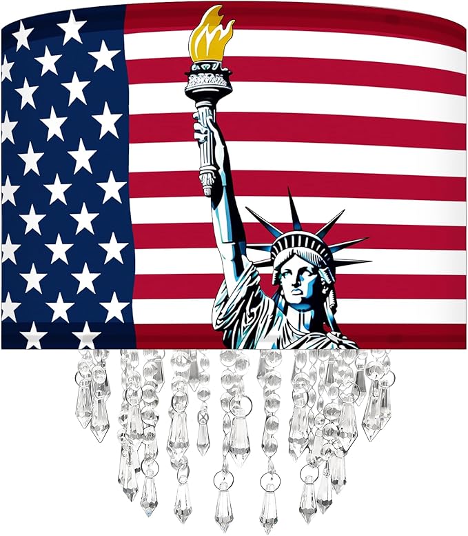 Patriotic Fabric Lamp Shade with Acrylic Bead Droplets, American Flag & Statue of Liberty, Drum Light Shade for Ceiling Pendant Table or Floor Lamps, 4th of July Decor, Military Gifts, 11.8in