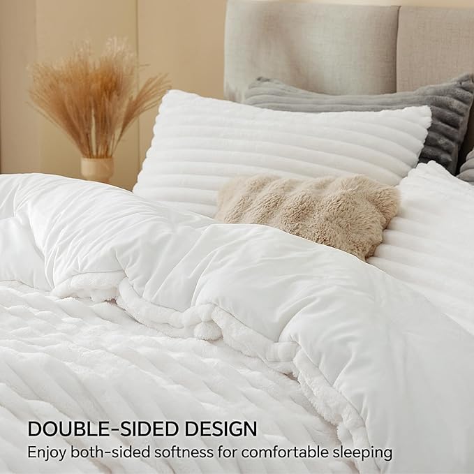 BEDELITE Fleece King Comforter Set -Super Soft & Warm Fluffy Bright White Bedding, Luxury Fuzzy Heavy Bed Set for Winter with 2 Pillow Cases