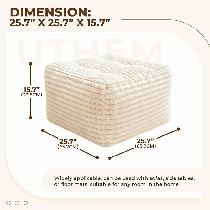 Square Pouf Ottoman, Boho Stuffed Furry and Fluffy Poufs Ottoman Foot Rest with Memory Foam Filled 25.7 x 15.7 inches Modern Corduroy Foot Rest Stool for Living Room, Beige