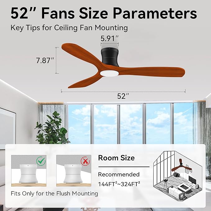 52' Smart Wood Low Profile Ceiling Fan with Lights Remote, Quiet DC Motor, Outdoor Indoor Flush Mount, Voice Control via WIFI Alexa App, Modern Dimmable Lighting for Bedroom Patio