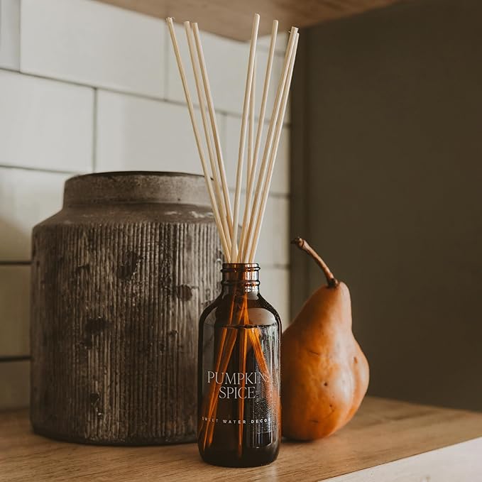 Sweet Water Decor Pumpkin Spice Reed Diffuser Set for Home - Pumpkin, Cloves, Cinnamon, Vanilla Scented Reed Diffusers for Fall - Air Freshener Lasts 4+ Months, Made in The USA