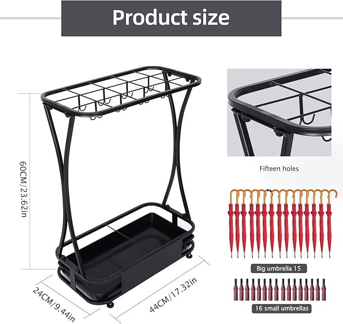 Umbrella Stand Rack with 15 slots Umbrella Holder for Entryway Umbrella Holder with Removable Drip Tray, Medium Black
