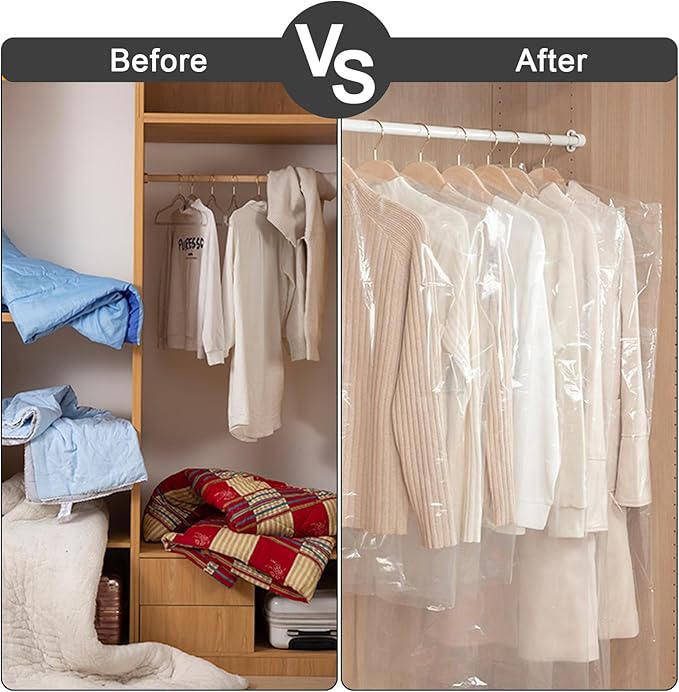 AVLA 50 Pack Plastic Garment Bags, Clear Dry Cleaner Bags, Dry Cleaning Hanging Clothes Cover, Transparent Coat Suit Dust Cover Protector Bag for Closet Storage, Home, Laundry, Laundrette, 23 x 59 In