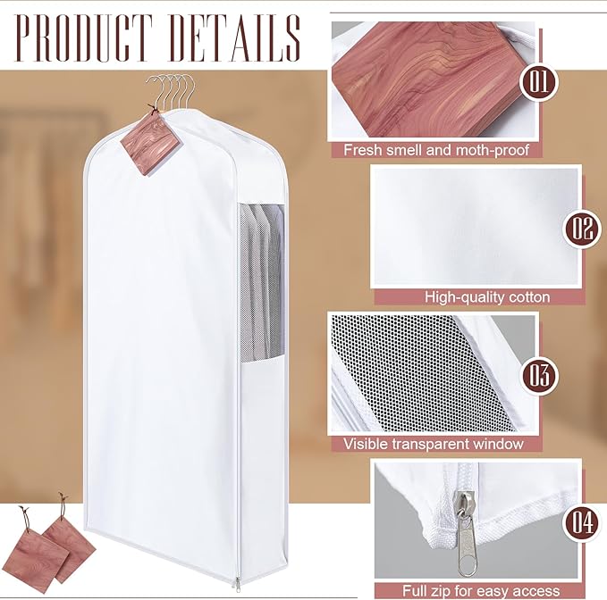 2 Set 40in Short Cotton Garment Bags, 10in Wide Gusset Hanging Storage Clothes with 8 Cedar Blocks, Transparent Mesh Window, Breathable Closet Bags for Fur Coat Suit Sweater Dress, White