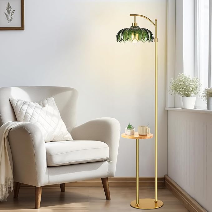Glass Floor Lamp with Table and Shelves for Living Room Bedroom,Gold Standing Lamp with Remote Dimmable,Boho Brass Tall Lamp Vintage Farmhouse Arc Green Flower Floor Light Bohemian