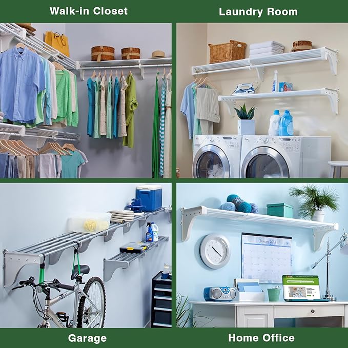 EZ SHELF Closet Shelf with Hanging Rod - 28-48” Expandable, White, Closet Shelves - Strong, Holds 200 lbs - DIY, Easy Install to 2 Side Walls - Alternative to Wire Shelving