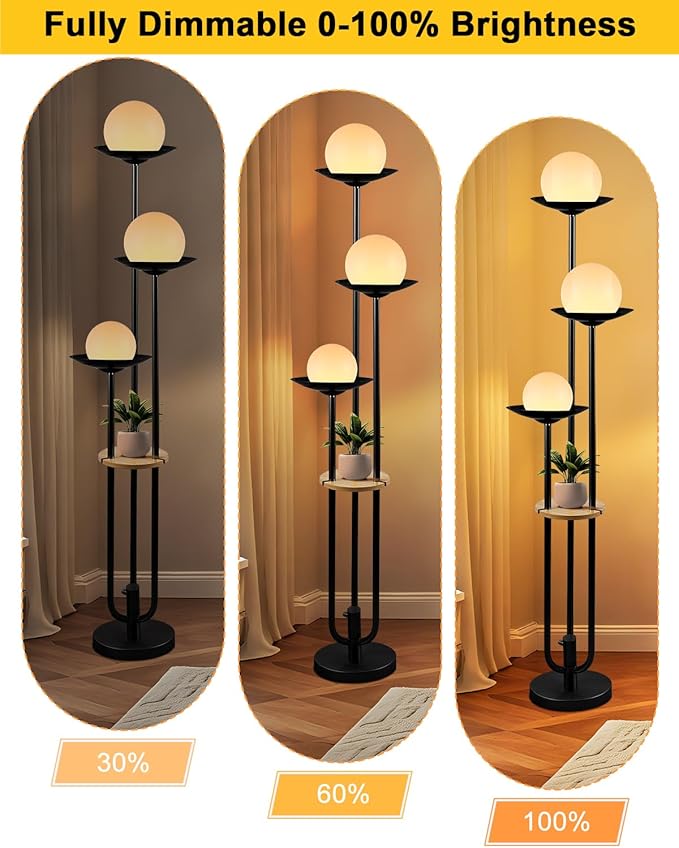 Lightdot Globe Floor Lamp with Shelf 3-Lights Modern Dimmable Floor Lamps for Wedding/Party, 3000K Warm White Bulbs Included, Black Tall Standing Lamp for Living Room/Bedroom/Sofa Beside/Corner Decor