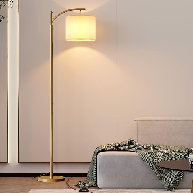 SUNMORY Arc Floor Lamp, Modern Floor Lamp with Romote Control and Stepless Dimmable Bulb, Metal Standing Lamps with Hanging Lampshade for Living Room, Bedroom, Office (Gold)