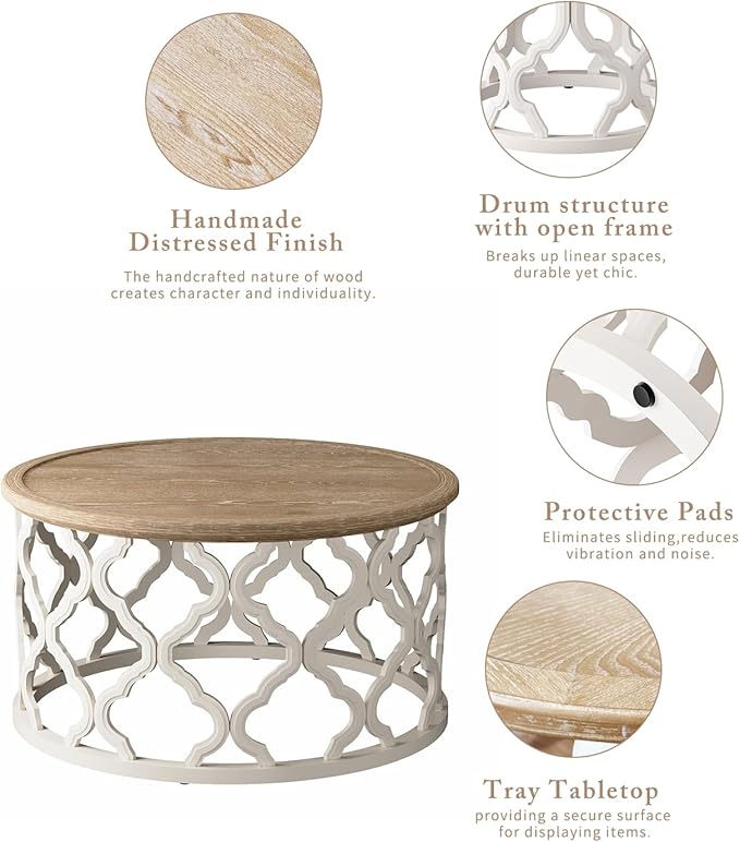 karlott Farmhouse Coffee Table, French Country Round Coffee Table with Distressed Tray Top, Coastal Coffee Tables with Curved Motif Frame Base, Boho Center Table for Living Room, Dining Room, Bedroom