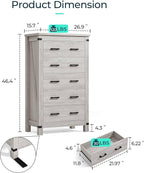 LINSY HOME Farmhouse 5 Drawer Dresser for Bedroom, 46” Tall Rustic Wood Chest with Deep Drawers, Modern Dressers with Spacious Storage and Metal Handles for Closet, Living Room, Hallway, Wash Grey