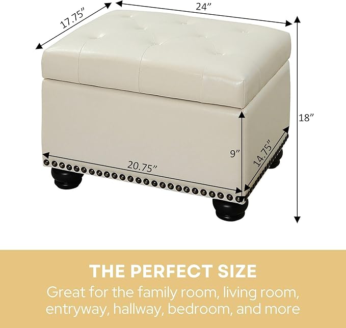 Convenience Concepts Designs4Comfort 5th Avenue Upholstered Storage Ottoman 24" - Contemporary Foot Stool and Seat with Hinged Lid for Living Room, Dining Room, Office, Den, Blue Faux Leather