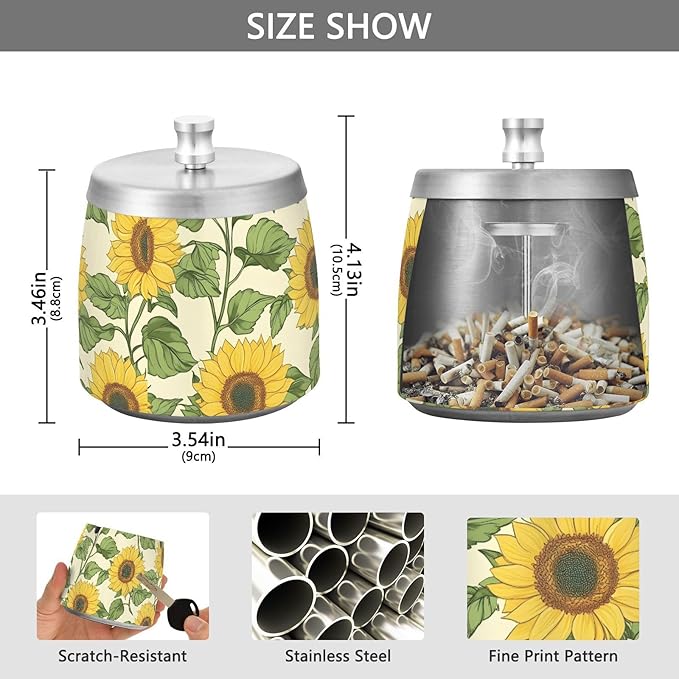 Sunflower Ashtray with Lid, Outdoor Ashtrays for Patio, Stainless Steel Ashtray Odorless Smokeless for Home Office Balcony