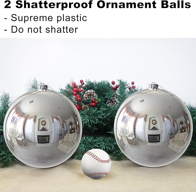 Silver 8.0" Extra Large Christmas Ornaments - Christmas Tree Decoration Balls Shatterproof Hanging Shiny Balls for Birthday Holiday Wedding Decorations Set of 2pcs