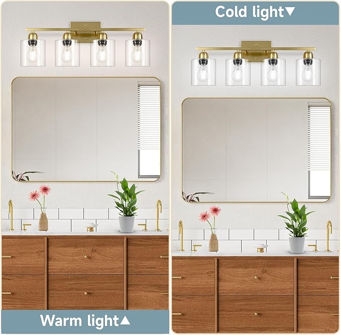 Modern Brushed Gold 4 Light Bathroom Light Fixtures, 24 inch Vanity Lights for Bathroom with Clear Glass, Bathroom Vanity Light for Mirror Kitchen Living Room Hallway Cabinet Porch