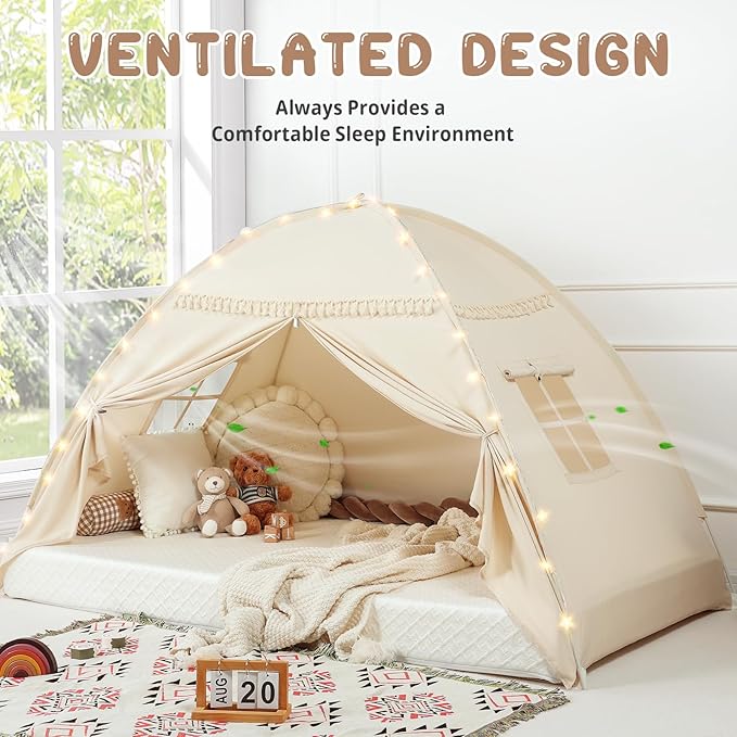Toddler Canopy Lights & Flags Indoor Floor Bed Kids Tent Playhouse Portable & Foldable Twin Bunk Bed Curtains Girls & Boys House Bedroom Privacy Space Sleeping Tents Gifts Golden Beige Large Size