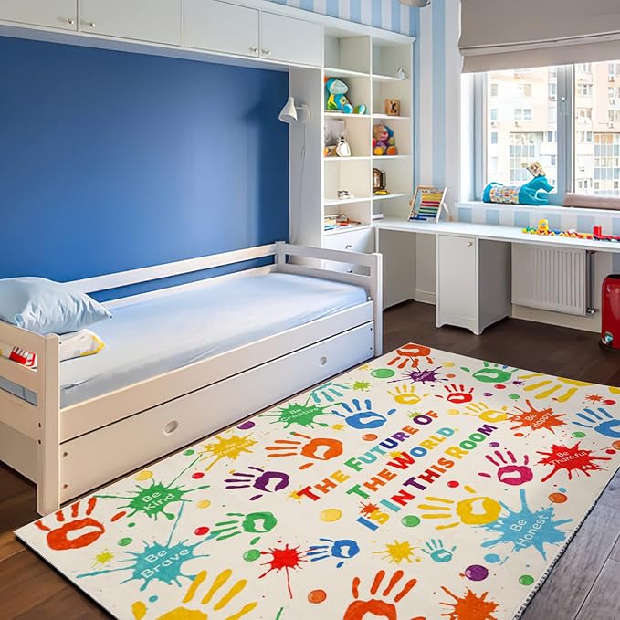 Colorful Kids Handprints Area Rug, Non-Slip Play Mat, Ultra Soft Thick Plush Indoor Rug for Playroom, Classroom, Nursery Decor (59 X 39.4 INCH)