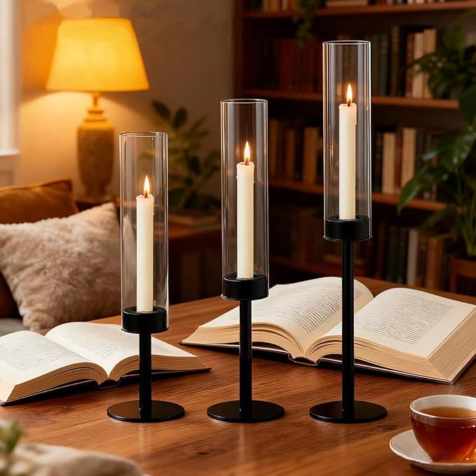 Black Taper Candle Holder Set with Glass Hurricane – Modern Candlestick Holders for Dining Room, Premium Gift Set for Wedding, Fall Centerpieces for Tables, Warmly Gift for Home Decor, Christmas Decor