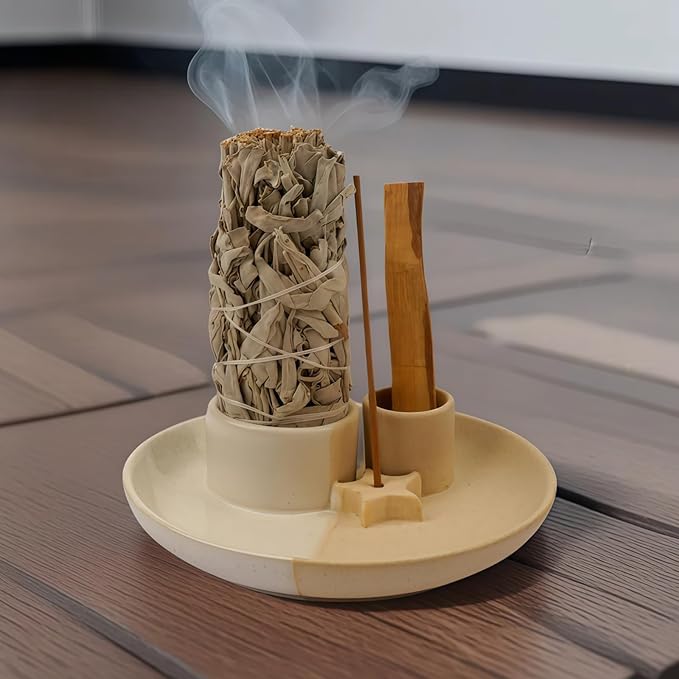 4 in 1 Incense Holder, Ceramic Incense Stick and Palo Santo Holder,Sage Holder for Burning- 5.5" Ceramic Ash Catcher Tray for Meditation and Yoga Room (Star Sand)