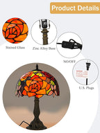 KY&BOSAM Tiffany Style Table Lamp Stained Glass Red Rose Desk Lamp Lights 19 Inch Tall Glass 12 Inch Wide Shade Beside Lamp1 Bulb Antique Zinc Base for Home Living Room Bedroom Kitchen Table Top Décor