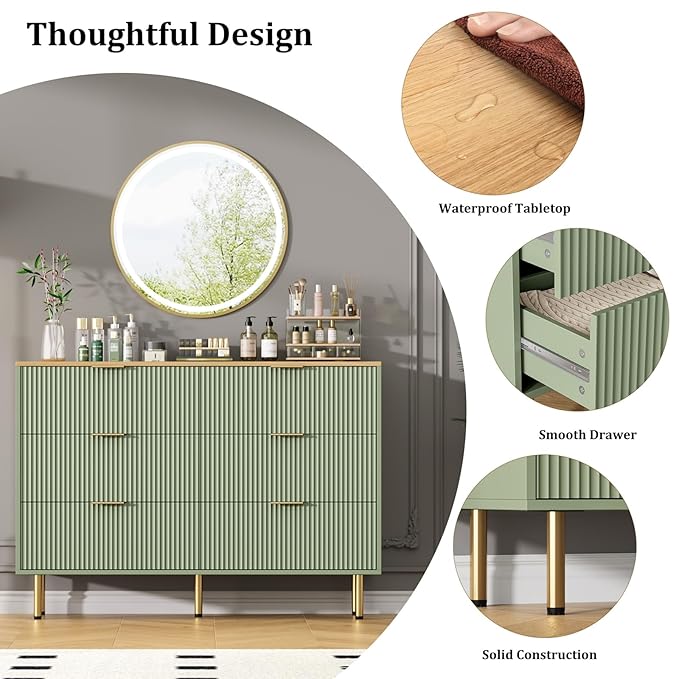 GarveeHome 6 Drawers Dresser for Bedroom, Fluted Dresser Chest of Drawers with Handle, Wood Modern Dressers for Closet, Bedroom Furniture Storage Organizer for Living Room, Hallway