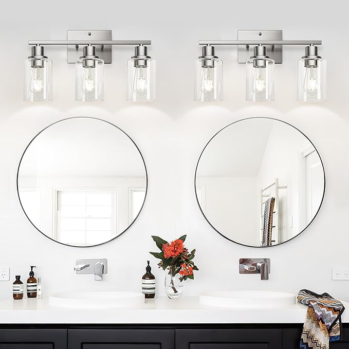 3-Light Bathroom Light Fixtures, Vanity Light with Clear Glass Shades, Brushed Nickel Bathroom Light Fixtures Over Mirror, Modern Bathroom Wall Lamp for Mirror Living Room Cabinet Bedroom