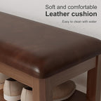 AQIMUELE Shoe Bench with Leather Cushion, 3 Tiers Shoe Storage Bench Height Adjustable, Walnut Wood Entryway Bench for Hallway, Mudroom