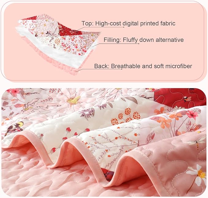 Whale Flotilla Patchwork Quilts Queen Size, Extra Soft Boho Floral Bedspreads for Bed Reversible Lightweight Full Queen Quilt Bedding Set Printed Coverlets with 2 Pillow Shams for All Seasons, Red