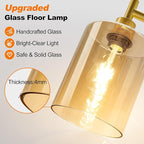 【Upgraded】Gold Dimmable Floor Lamp for Living Room with Amber Glass Lampshade, Glass Modern Floor Lamp with 900LM Bulb Included, Bright Standing Tall Lamp for Bedroom, Office, Reading Room, Corner