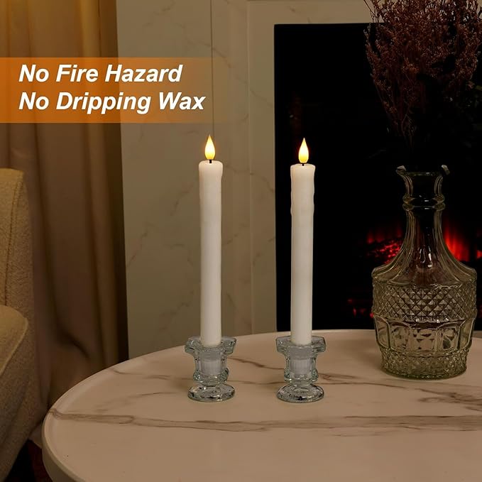 Homemory Real Wax Flameless Taper Candles with Remote Timer, 9.6 Inches White LED Flameless Candlesticks, Dripless Battery Operated Window Candles Flickering Pack of 2 for Fireplace Xmas Halloween