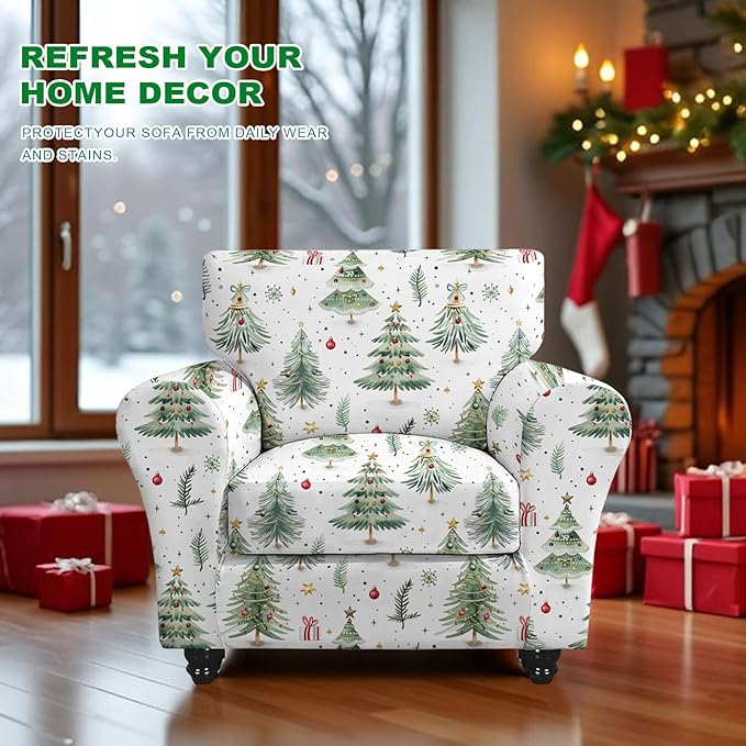 KRFOONN 2 Piece Chair Covers Printed Sofa Covers Couch Covers Washable Armchair Sofa Couch Slipcover Furniture Protector with Elastic Bottom for Living Room (Armchair, Christmas 02), Small