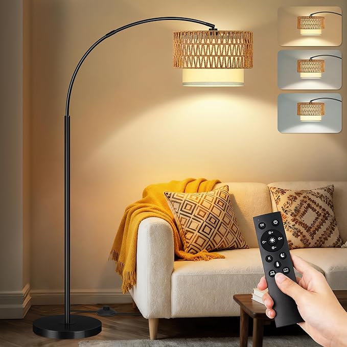 Arc Floor Lamp for Living Room, Rattan Boho Floor Lamp with Remote Control, Black Standing Lamp with 3 Color Temperatures & Dimmable LED Bulb, Tall Lamp for Bedroom, Over Couch Arched Reading Light