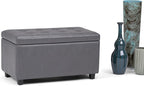 SIMPLIHOME Cosmopolitan Storage Ottoman - 34 inch Wide Upholstered Vegan Leather Rectangle Storage Ottoman Bench in Stone Grey, Transitional Tufted Ottoman for Living Room or Entryway with Lift-Up Lid