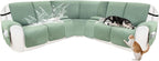 Reclining Sectional Couch Covers 100% Waterproof Velvet L Shape Recliner Couch Covers for Sofa Pets Washable Anti Slip Recliner Slipcovers with Pockets (5 Seat Sofa with 2 Console, Sage Green)