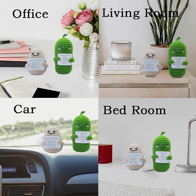Mini Funny Positive Potato Birthday Gifts for Women Men, 2PCS Emotional Support Pickle Crochet Cucumber Doll Inspirational Gifts for Friends Coworker, Cute Room Decor Boys Girls Stocking Stuffers