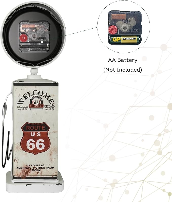 Lily's Home Old Fashioned Route 66 Gas Pump Mantle Clock, Silent-Non-Ticking with Quartz Movement, Makes an Ideal Gift for Antique Sign Collectors, White (13 1/2" x 4 3/4")