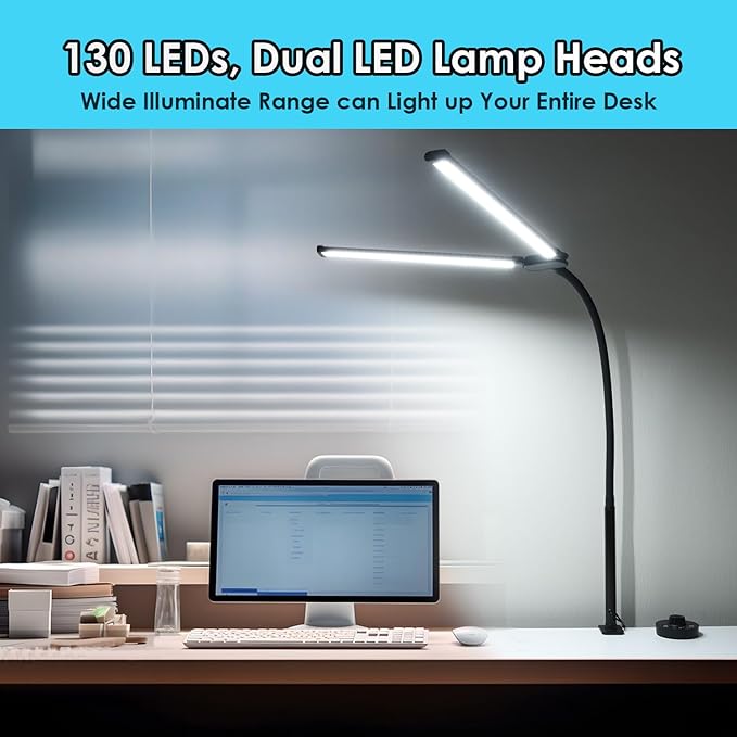 LED Desk Lamp with Two Heads, Clamp On Desk Lamps, 24W, 4000 LMS, CRI>90, 5 Color Modes (2600K-6500K), 10 Brightness Levels, Adapter Included