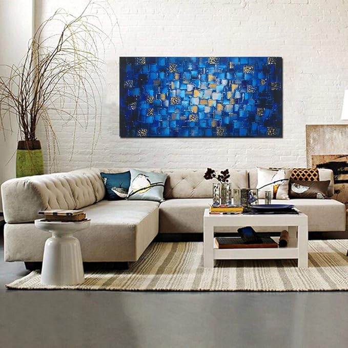 MyArton Large Thick Abstract Dark Blue add Golden&Silver Square Wall Art Hand Painted Artwork Textured Oil Painting on Canvas Framed Ready to Hang 60x30inch