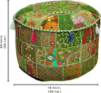 Aakriti Gallery Indian Pouf Footstool Ethnic Embroidered Pouf Cover - Cotton Round Pouffe Ottoman - Green, 22x14