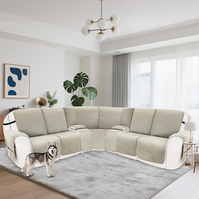 Recliner Sofa Covers 100% Waterproof Velvet L Shape Recliner Couch Covers for Dogs Pets Washable Anti Slip Recliner Slipcovers with Pockets (5 Seat Sofa with 2 Console, Light Gray)