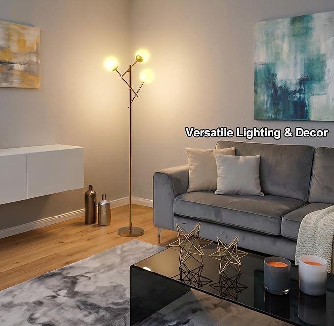 Fiqevs Globe Floor Lamp with 3 Adjustable Glass Ball Lampshade, Gold Mid Modern Standing Lamp Bulbs Included, Sputnik Tree Tall Pole Lamp for Living Room, Bedroom - Antique Brass