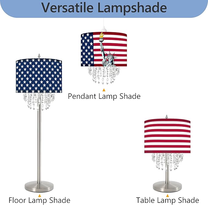 Patriotic Fabric Lamp Shade with Acrylic Bead Droplets, American Flag & Statue of Liberty, Drum Light Shade for Ceiling Pendant Table or Floor Lamps, 4th of July Decor, Military Gifts, 11.8in
