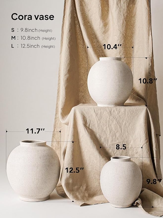 White Ceramic Vase - Large 12.5 Inch Round Floor Vase for Centerpieces, Farmhouse Rustic Minimalist Home Decor (Sandstone White)