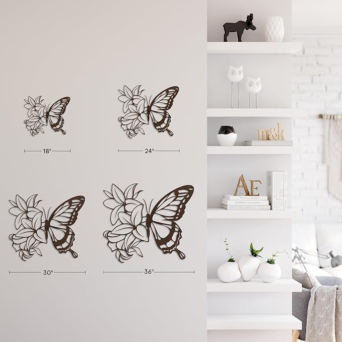 SIGNLEADER Metal Wall Art Decor Butterfly and Flowers Minimalist Modern Abstract Wall Sculpture Hangings Home Decoration for Living Room, Bedroom, Bathroom, Kitchen, Outdoor - 24" Bronze