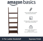 Amazon Basics Ladder Bookshelf Organizer, Solid Rubberwood Frame, Espresso Finish, 5 Shelves, 14" D x 24.8" W x 70.1" H