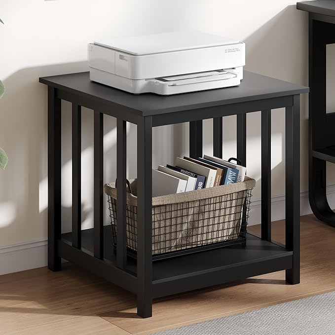Treocho End Table, 24 Inch Square Side Table Living Room with 2-Tier Storage Shelf, Modern Nightstand for Living Room, Bedroom, Office, Black