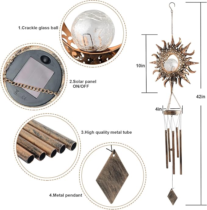 Sun Wind Chimes, Outdoor Solar Wind Chimes, Mothers Gifts, Gifts for Mom, Women, Grandma, Garden Courtyard Lawn Decoration, Thanksgiving Gift, Mother's Day Wind Chime Gift