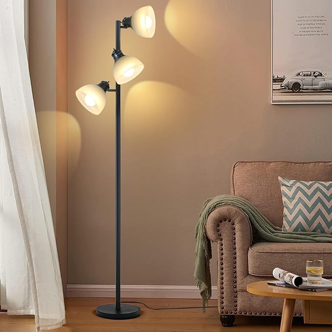 63" Modern 3-Head Adjustable Floor Lamp, Standing Lamp with Glass Shades for Living Room, Bedroom & Office,3x9W E26 LED Bulbs Included, Weighted Base