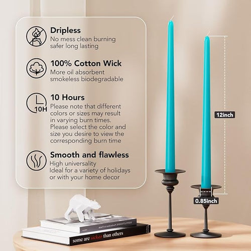 12-Inch Tall Dripless Taper Candles Set of 4 - Turquoise Tapered Candles, Perfect for Spring - Smokeless, Unscented, Long Burning - Hand Poured, Colored Tall Candlesticks - Teal