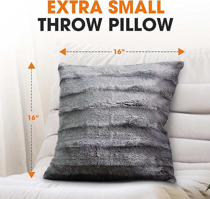 Cheer Collection Faux Fur Throw Pillows - Decorative Pillows for Couch, Bed Throw Pillows, Grey Accent Pillows for Bedroom or Living Room Aesthetic, Set of 2 Furry Throw Pillows, 16" x 16"