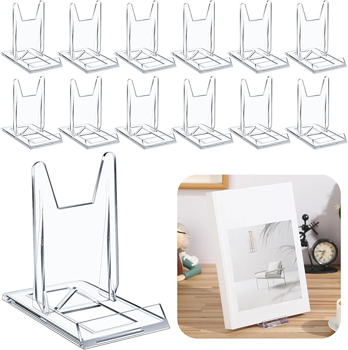 6 Pack Acrylic Book Stand for Display Adjustable Clear Display Holder Easel Collector Stand for Home Office Back to School Comic Album CD Magazine Postcard Artworks (4.2 x 4.3 x 2.35 Inch)